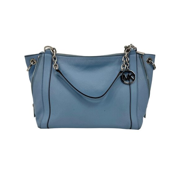 Michael Kors Blue Pebbled Leather Shoulder Bag With Chain Straps & MK Logo Charm - Picture 1 of 16